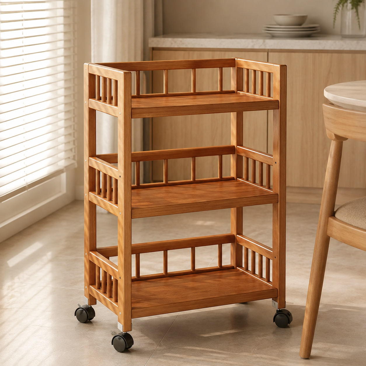 Homero 3-Tier Modern Wooden Media Storage Rack with Wheels