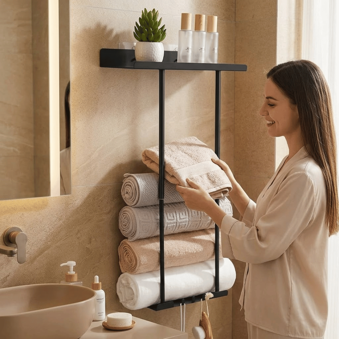 Multifunctional Bathroom Towel Organizer with Floating Shelf