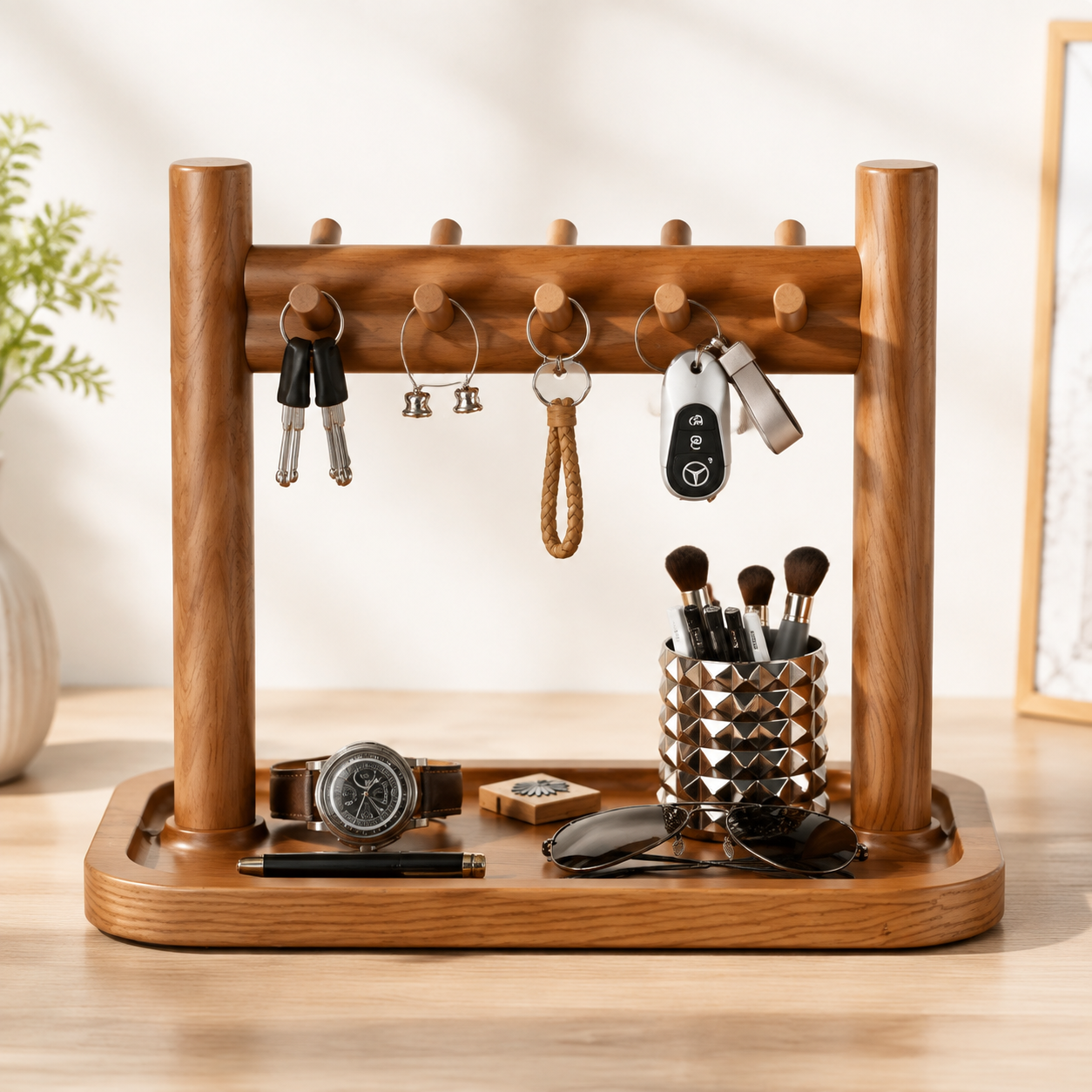 Smart Multi-Hook Design Modern Wooden Desktop Key Organizer