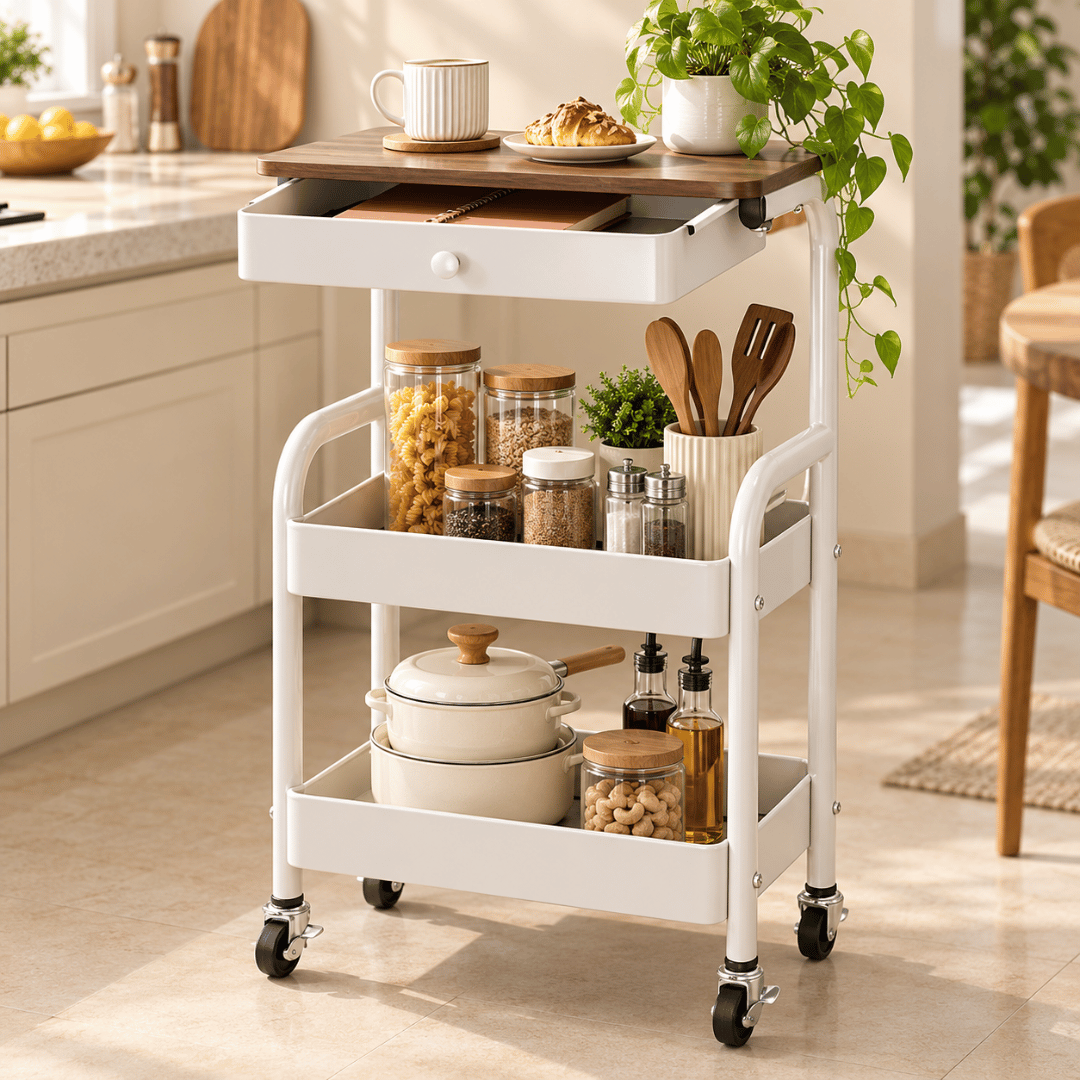 3-Tier Wooden Top Rolling Storage Trolley with Drawer and Wheels