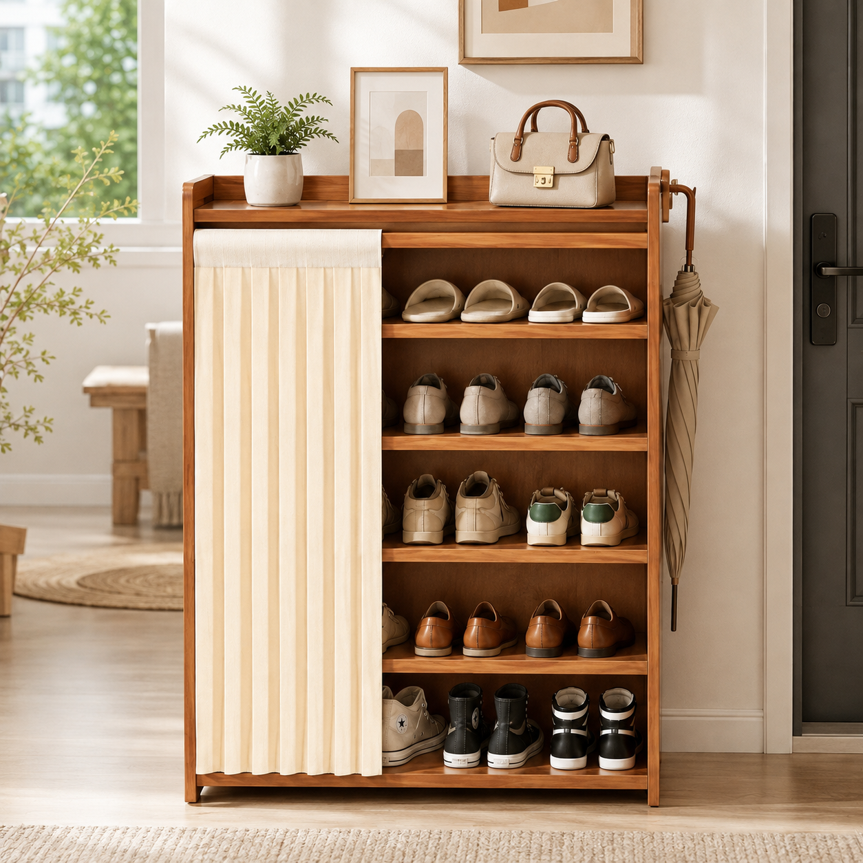 Multi Layer Bamboo Shoe Rack Cabinet with Dustproof Curtain