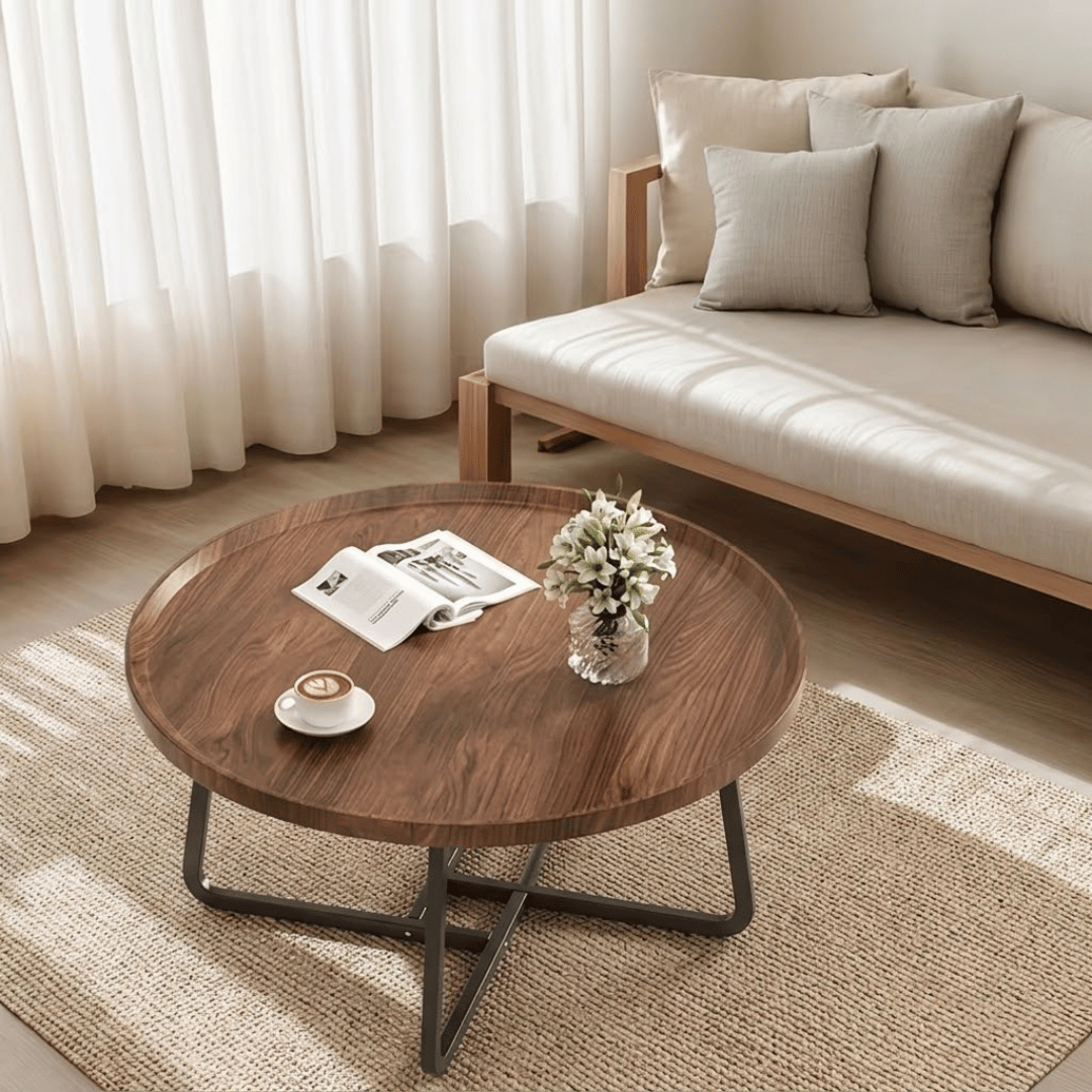 Modern Cocoa Wood Metal Frame Round Coffee Table