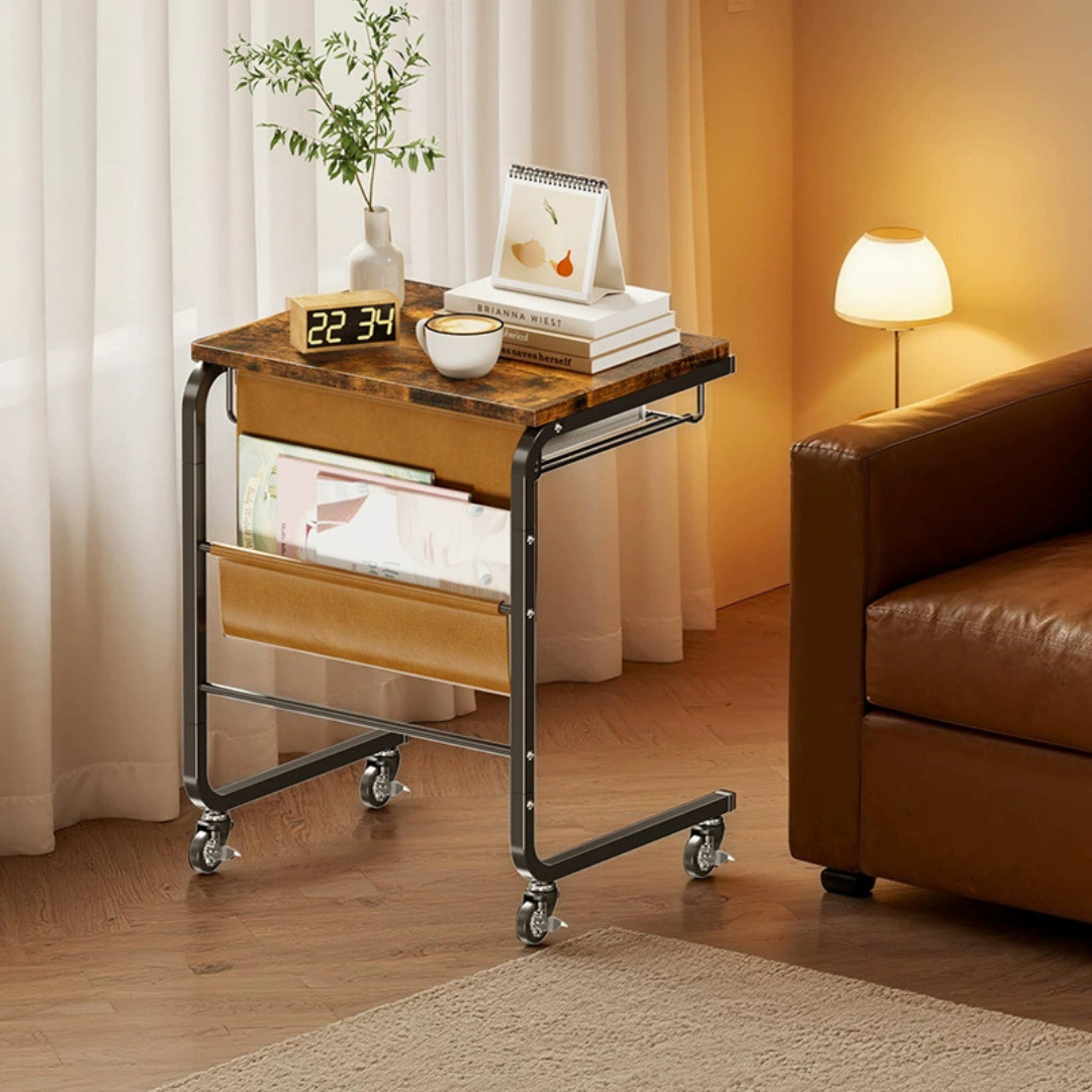 C Shaped Rolling Side Table with Storage Shelf Fabric Pocket and Wheels