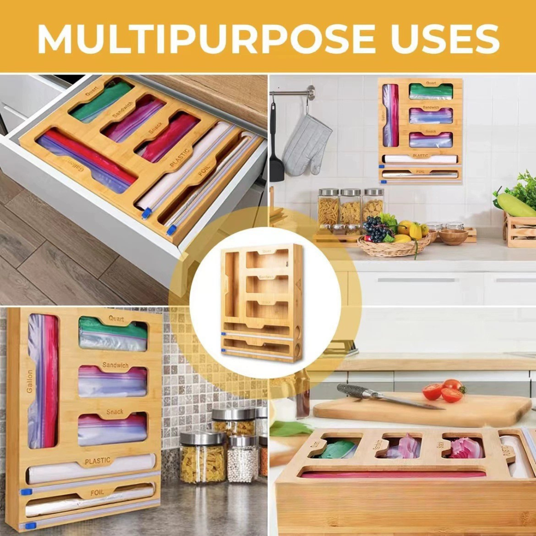 6 in 1 Bamboo Kitchen Storage Organizer with Bag Compartments and Wrap Cutters