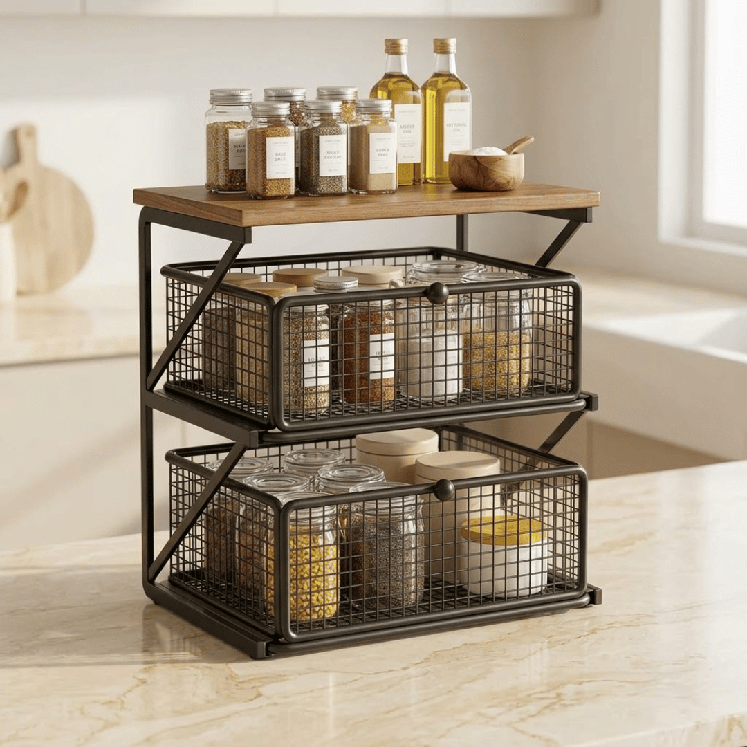 Multi Purpose Wooden Top Organizer with Two Sliding Drawers