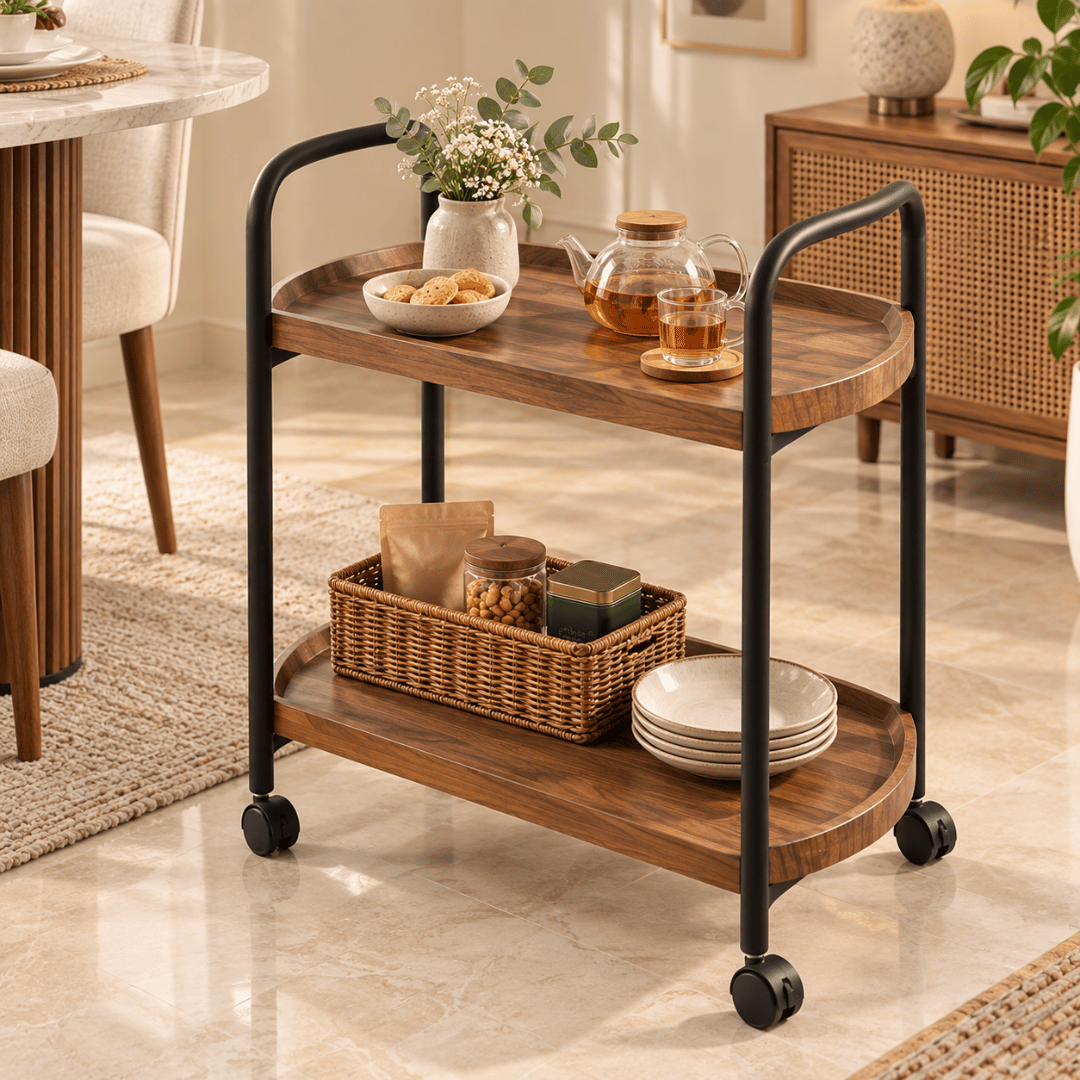 Double Layer Rolling Wooden Trolley With Wheels