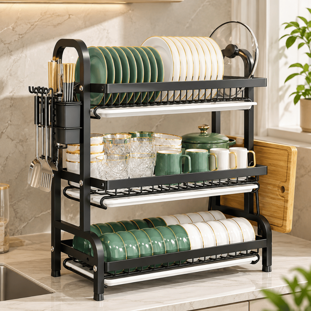 3 Tier Kitchen Dish Drying Rack with Drain Trays Cutlery Holder and Cutting Board Holder