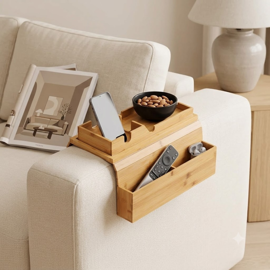 Multipurpose Adjustable Bamboo Couch Armrest Tray with Cup Holder and Organizer