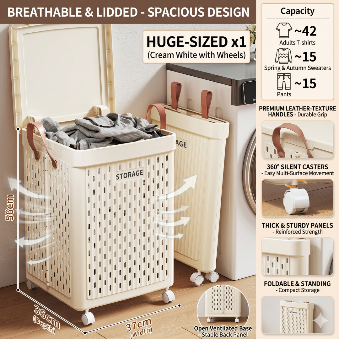 Collapsible Laundry Breathable Basket with Wheels