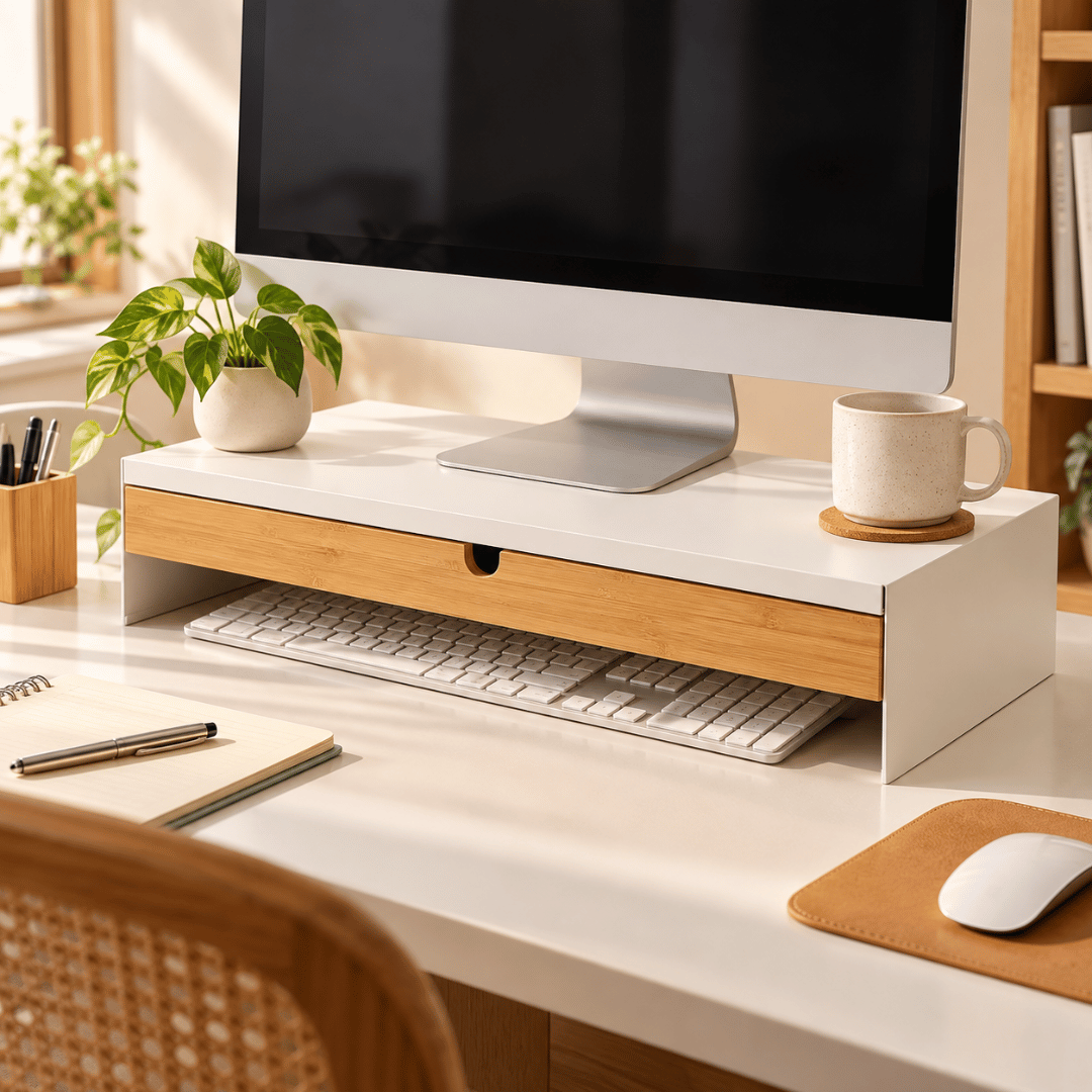 Premium Bamboo Monitor Stand with Drawer Desk Organiser