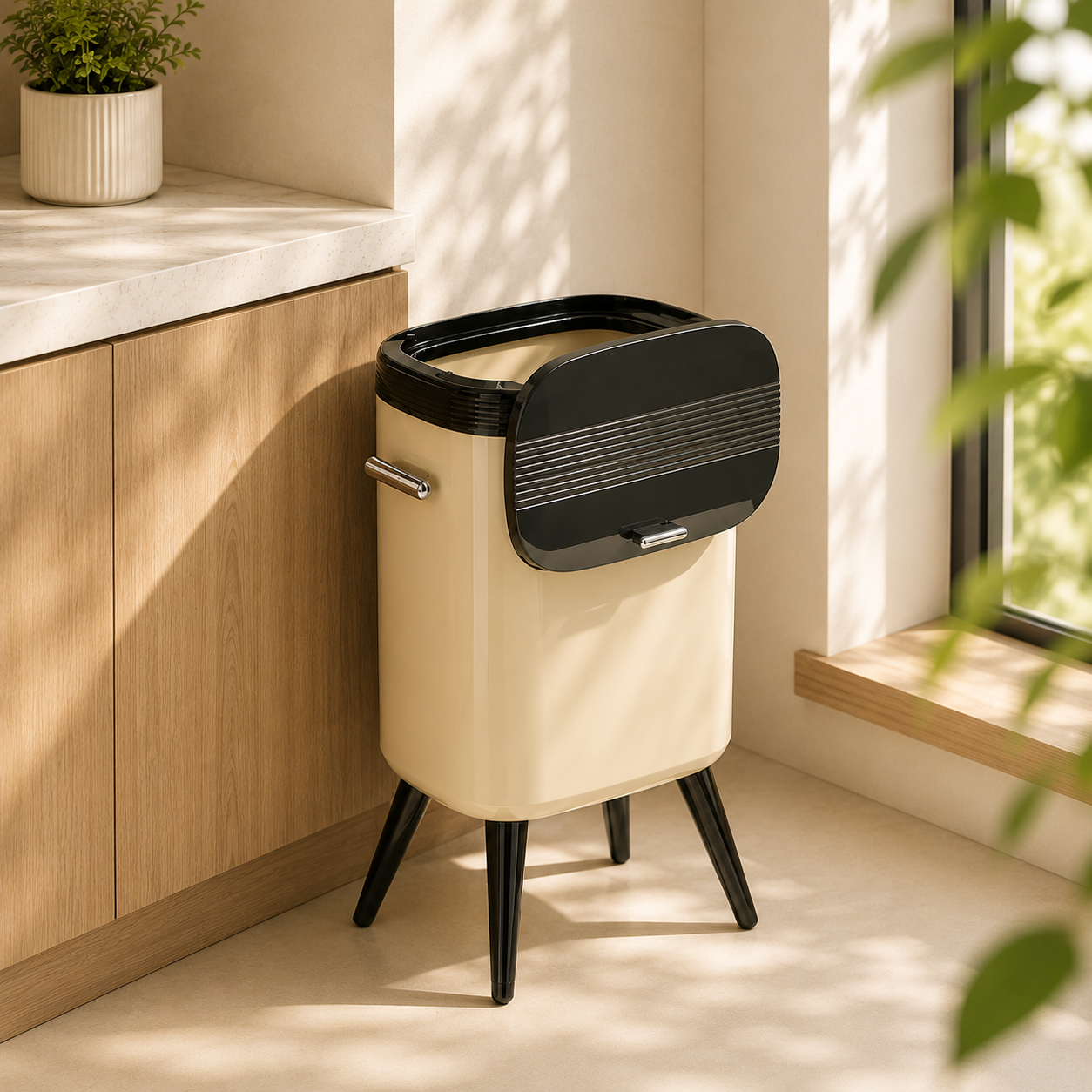 Retro Standing Slim Legged Trash Can with Lid - Cream