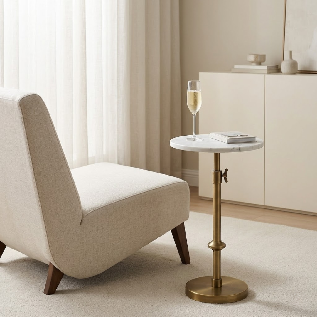 Modern White Marble Side Table With Adjustable Height Antique Brass Base