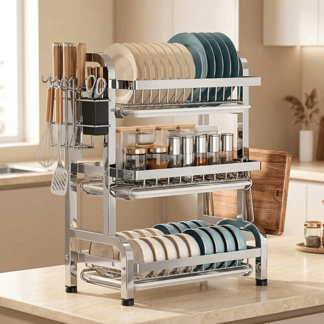 Multifunctional Three Layer Countertop Dish Organizer With Drain Trays