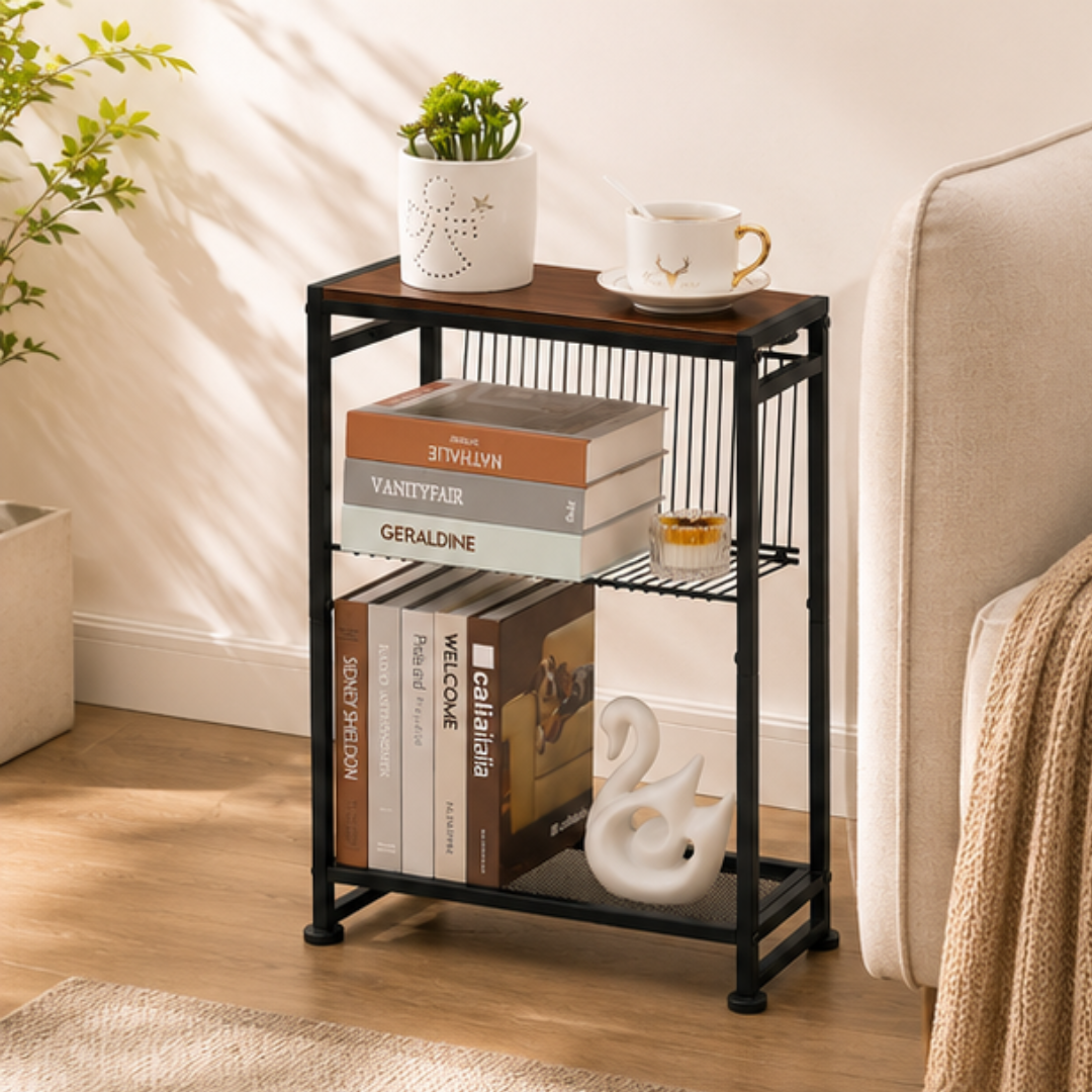 3-Tier Compact Bedside End Table with Magazine Holder and Metal Mesh Shelf