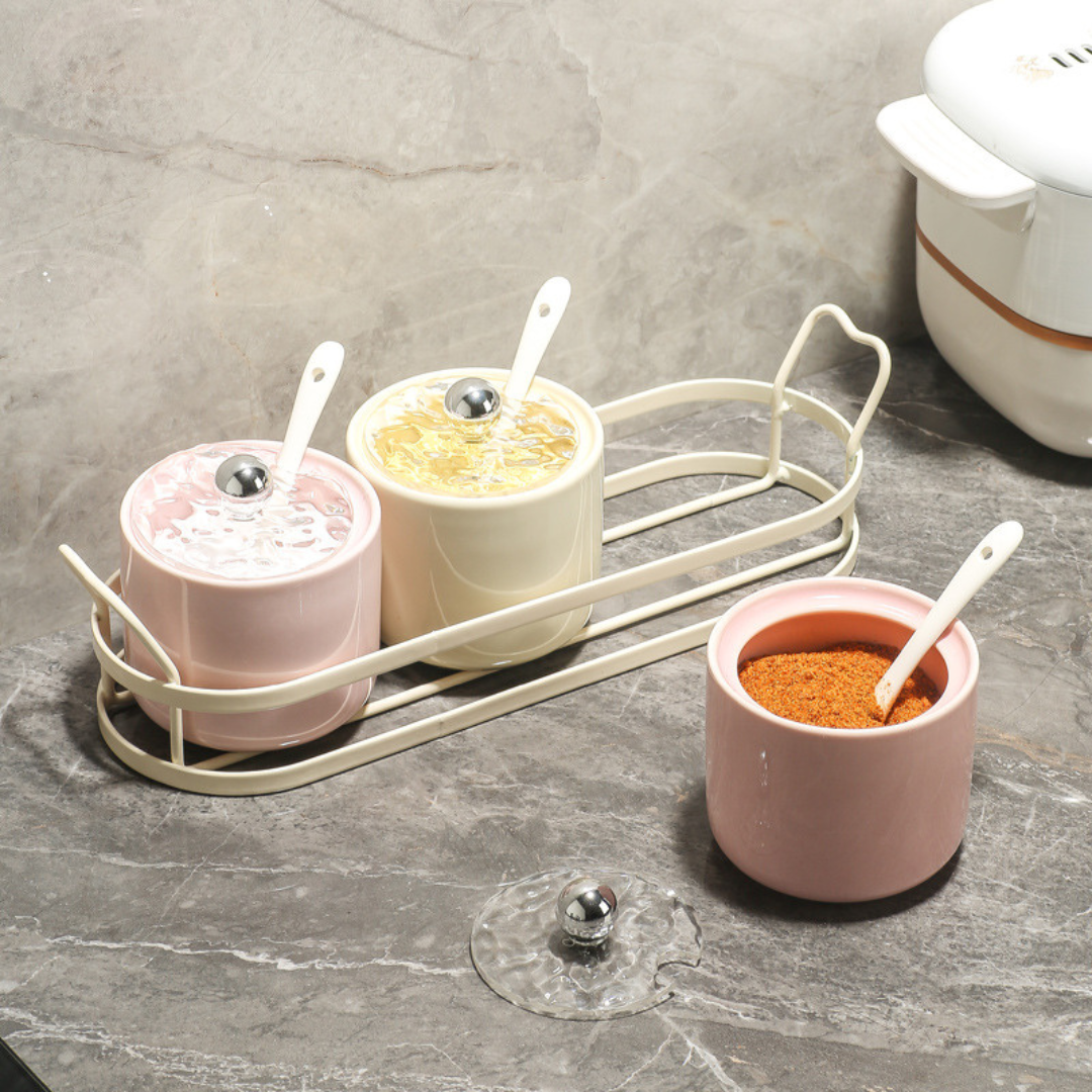 HOMERO Ceramic Spice Jar Set with Spoons and Iron Rack