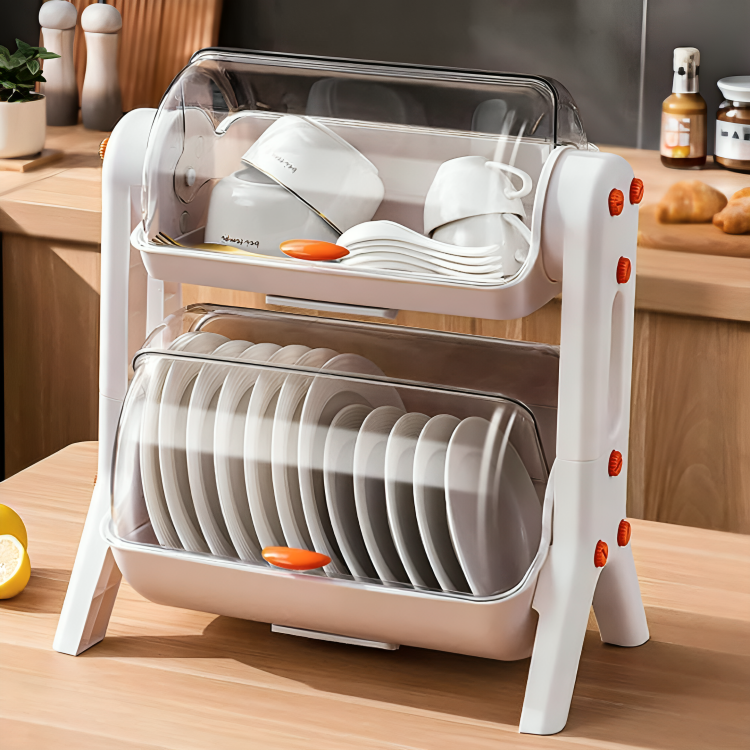 Kitchen Dish Drainer Rack with Lid Multi Purpose Storage Organizer