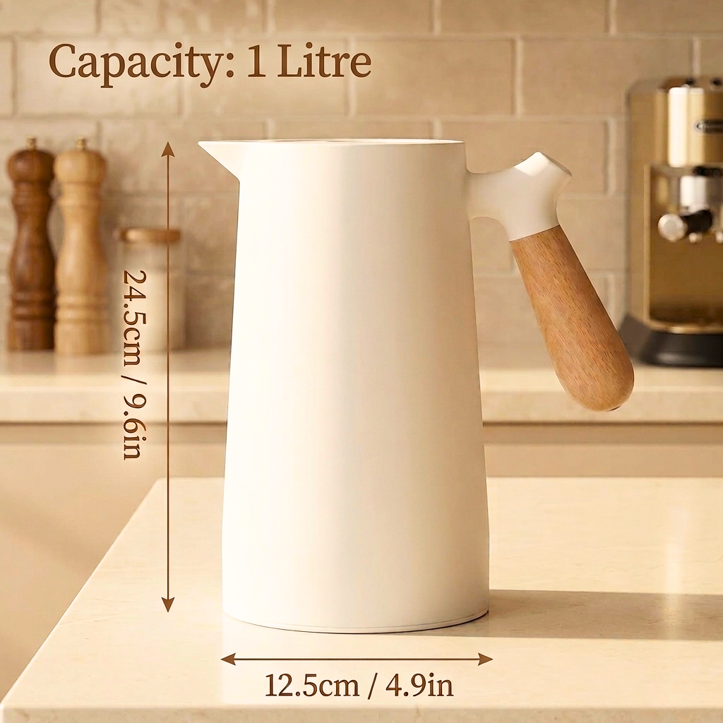 Homero 1 Litre Insulated Vacuum Flask with Wooden Handle (White)