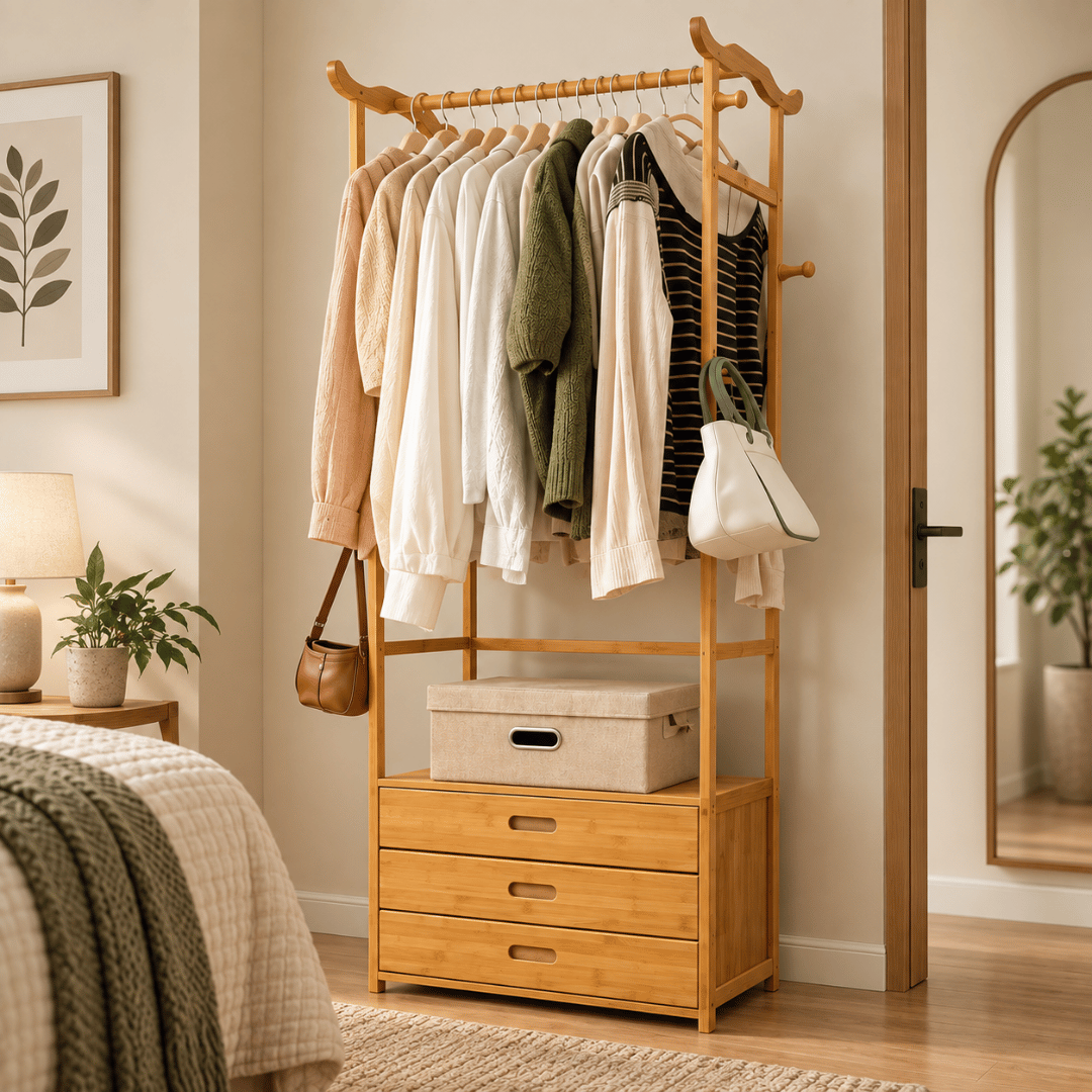 Multifunctional Bamboo Clothes Rack with Drawers & Bull Horn Hooks