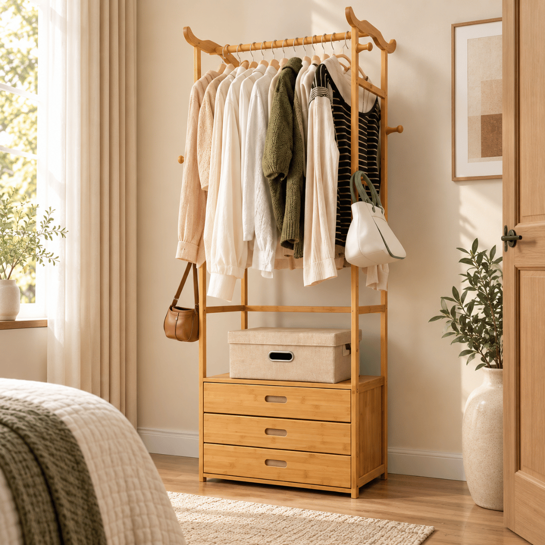 Multifunctional Bamboo Clothes Rack with Drawers & Bull Horn Hooks