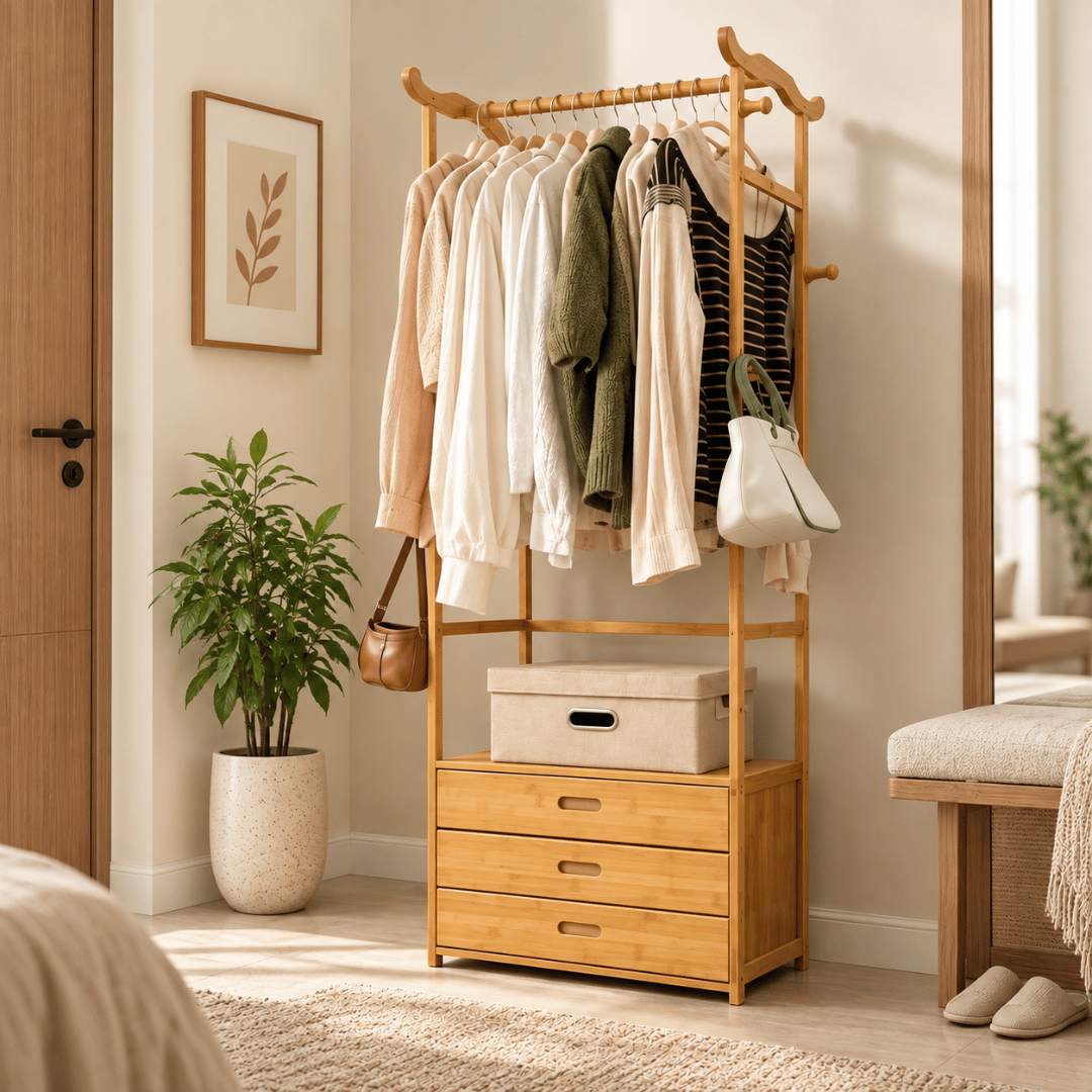 Multifunctional Bamboo Clothes Rack with Drawers & Bull Horn Hooks