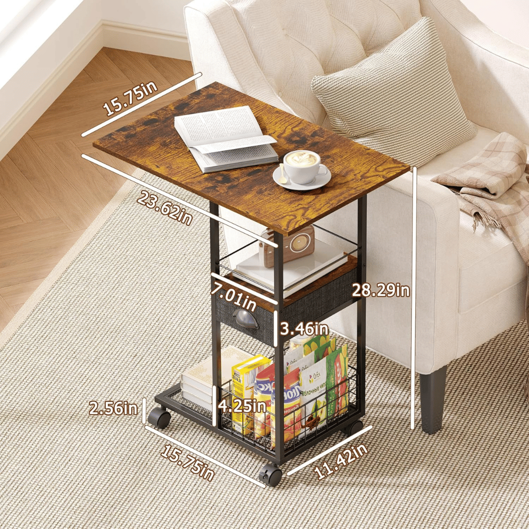 C Shaped Rolling Side Table with Drawer & Storage Basket