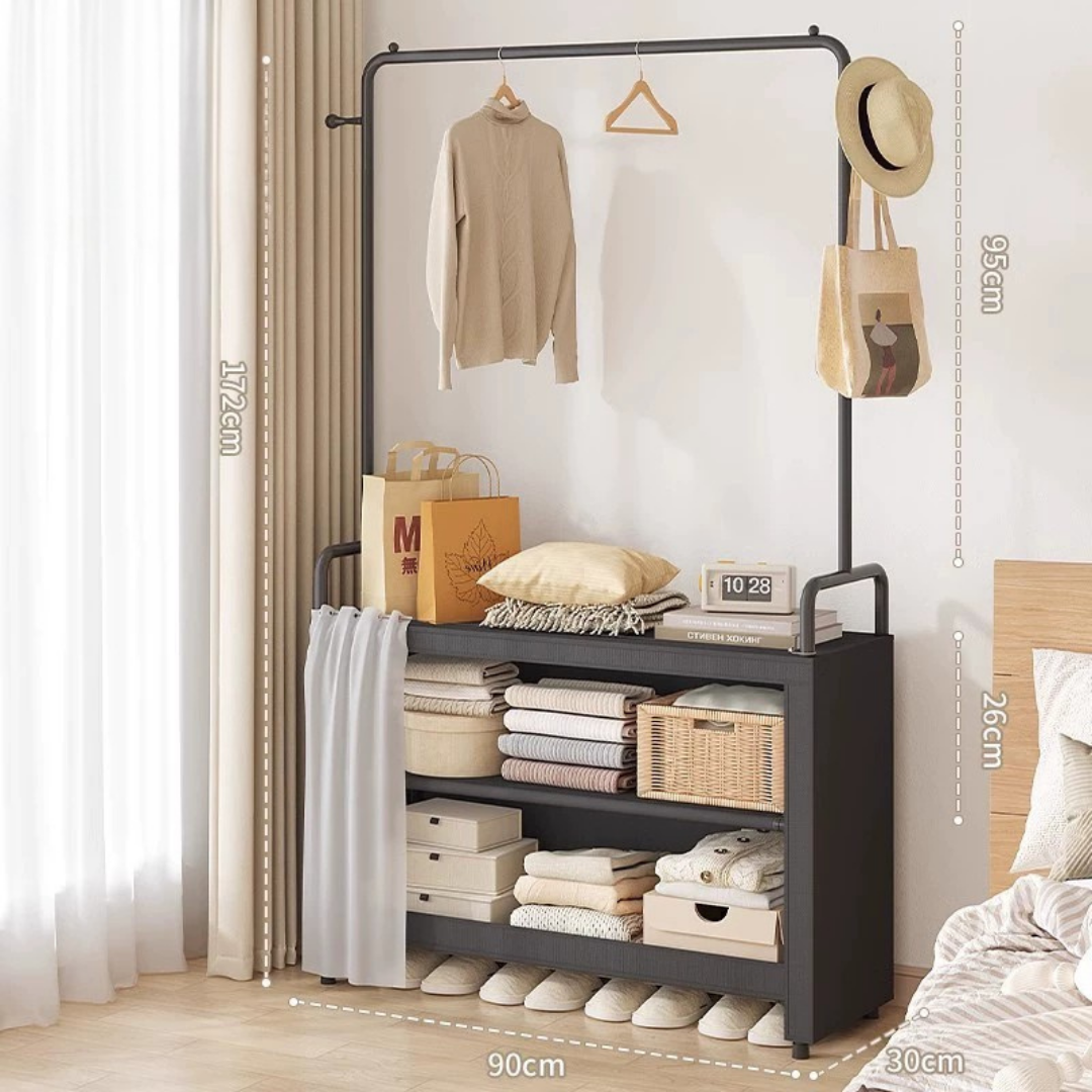 Heavy Duty Metal Clothes Rack with Shoe Storage and Side Hooks