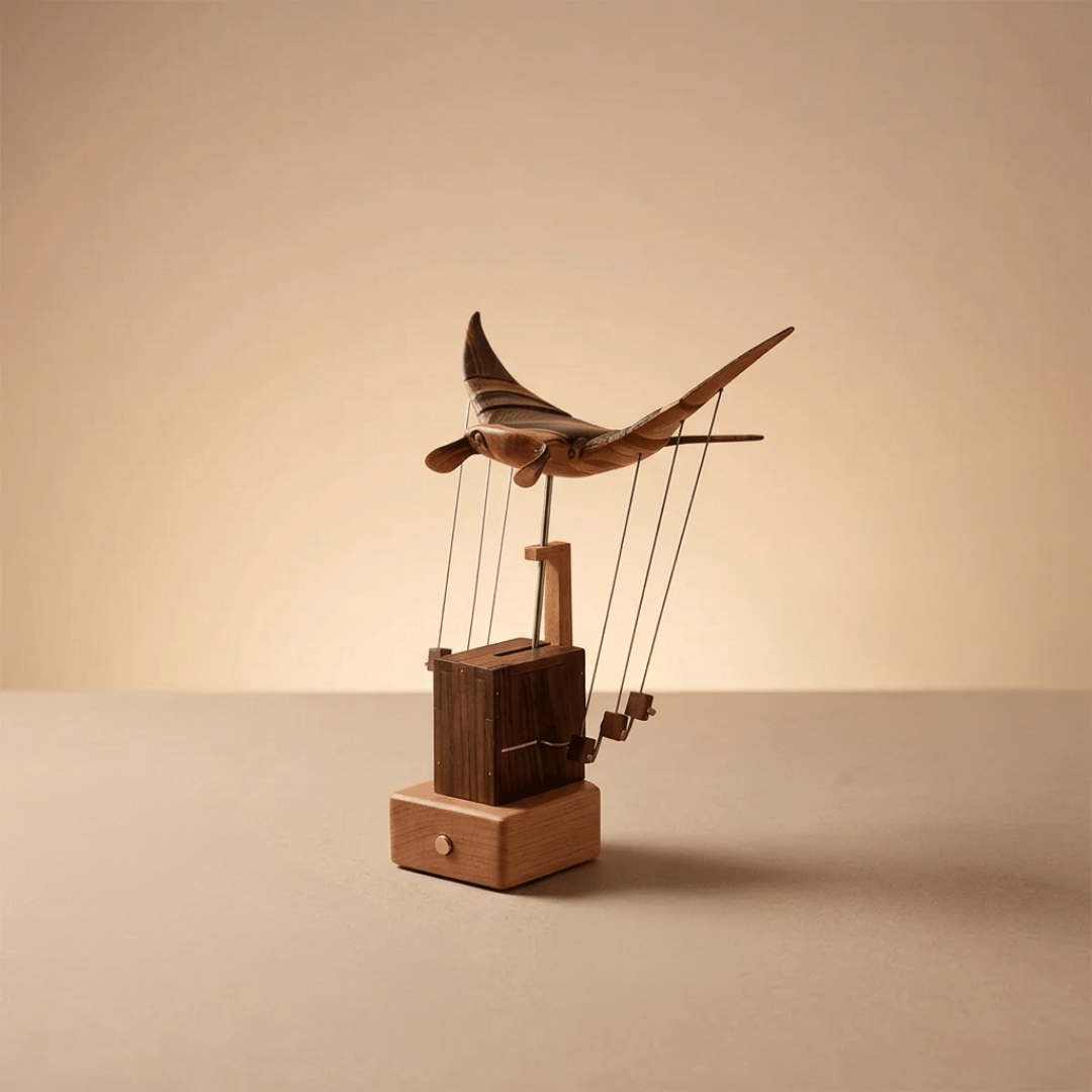 Handcrafted Wooden Manta Ray Automation Kinetic Art Sculpture