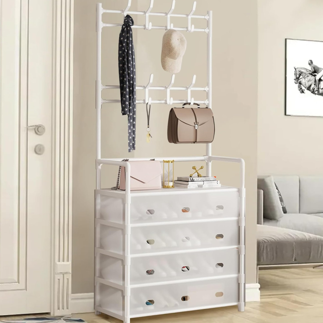 HOMERO 4-Tier Double Row Hooks Coat Rack with Shoe Storage