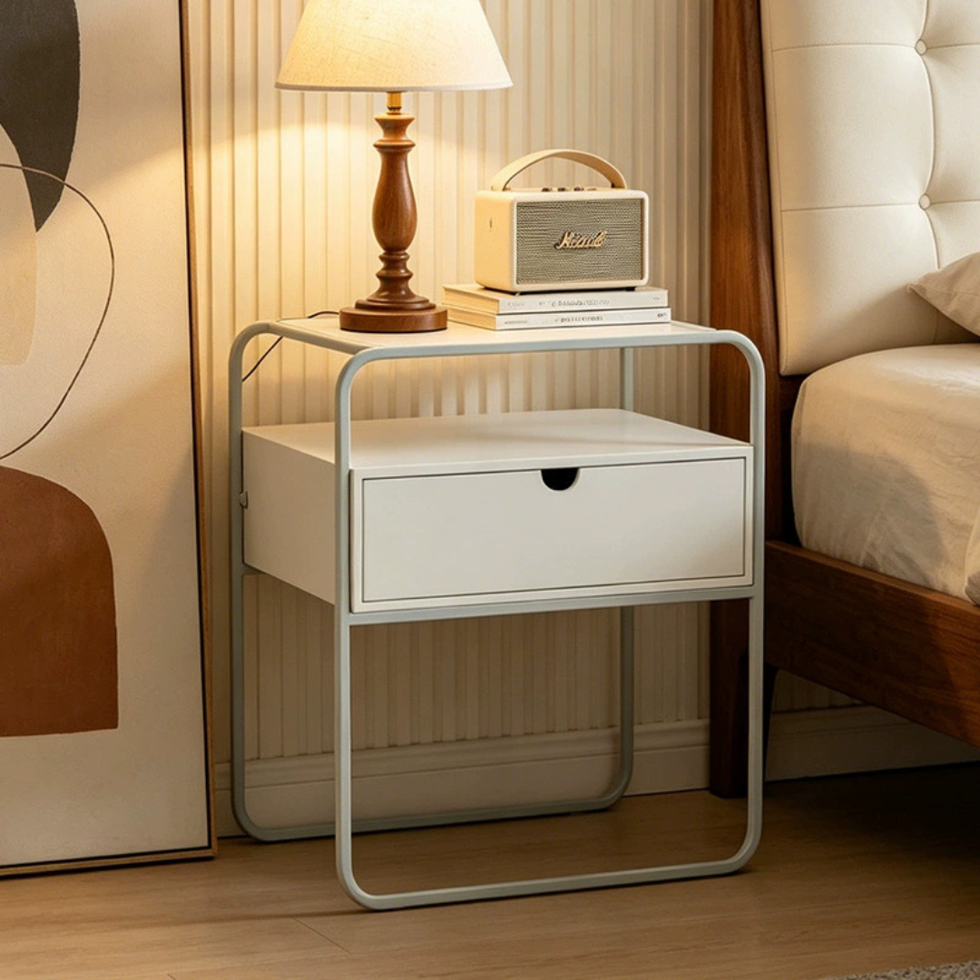 Nordic Style Wooden Side Table with Drawer and Open Shelf