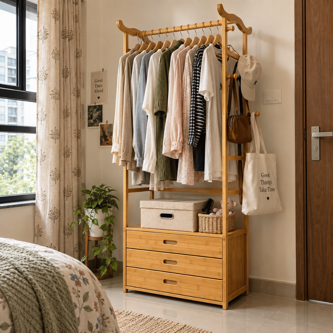 Multifunctional Bamboo Clothes Rack with Drawers & Bull Horn Hooks