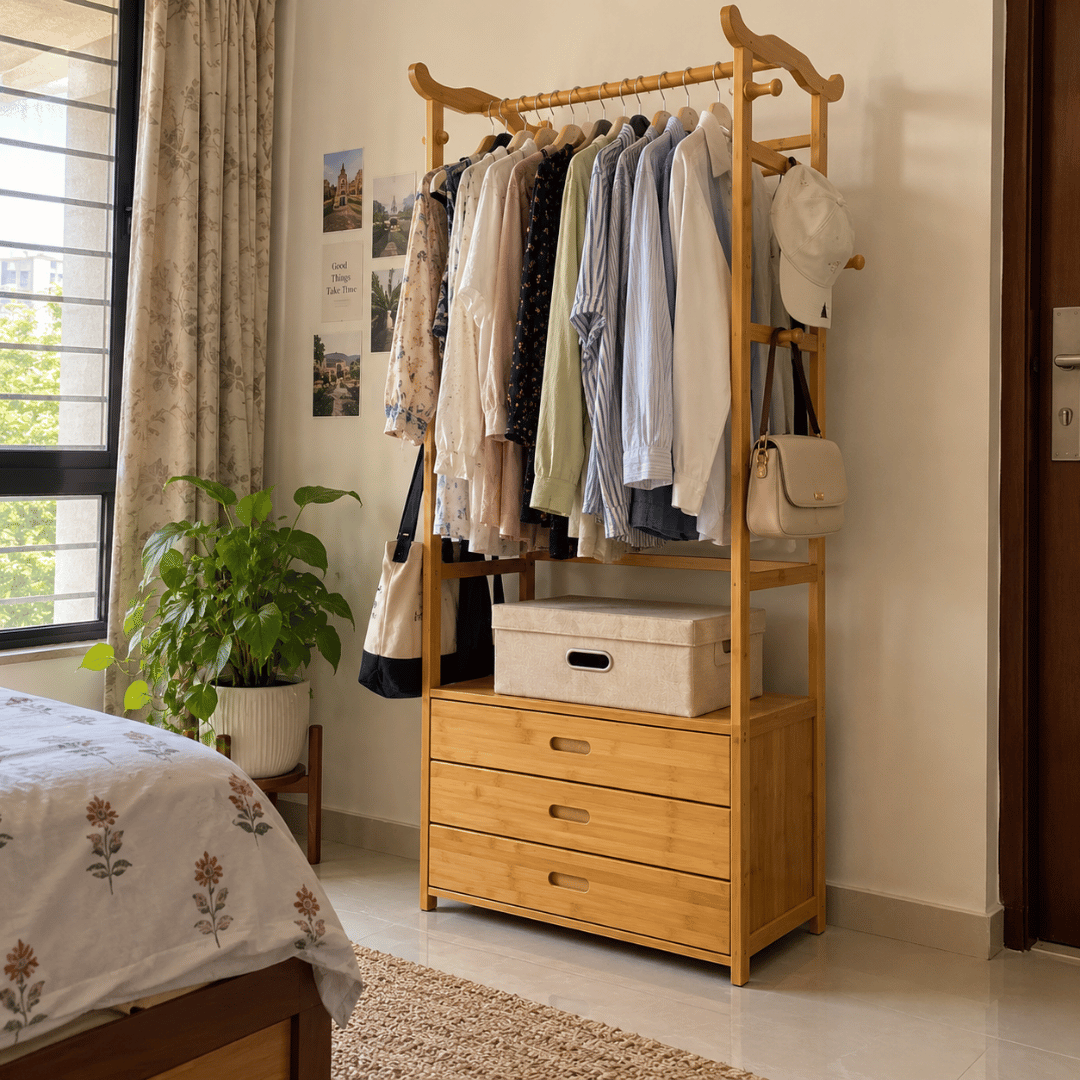 Multifunctional Bamboo Clothes Rack with Drawers & Bull Horn Hooks