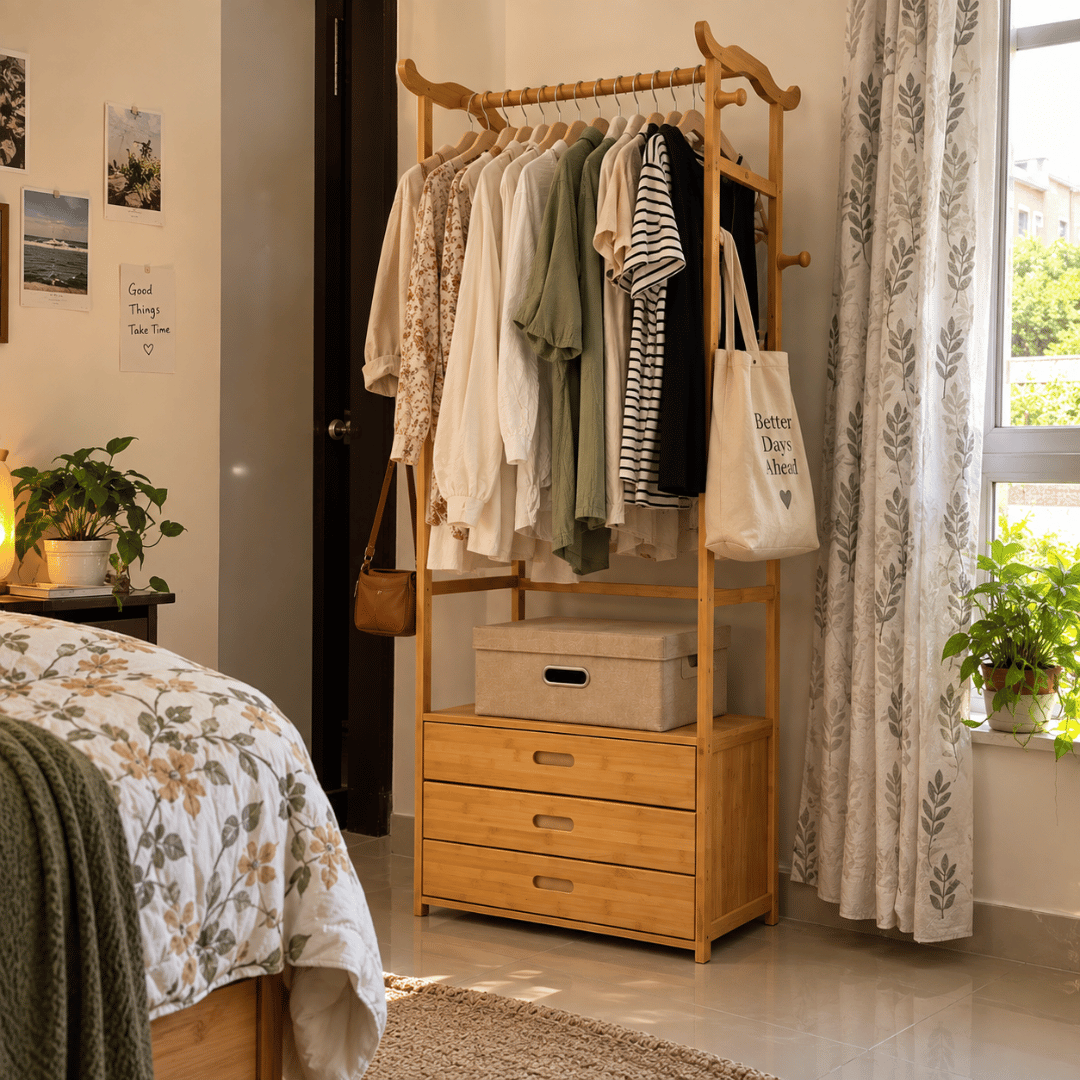 Multifunctional Bamboo Clothes Rack with Drawers & Bull Horn Hooks