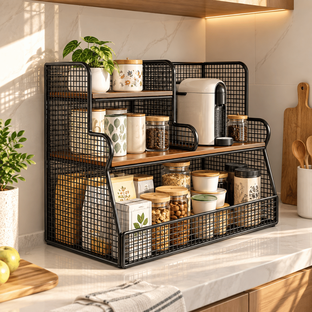 Three Layer Segmented Storage Organizer with Open Shelves