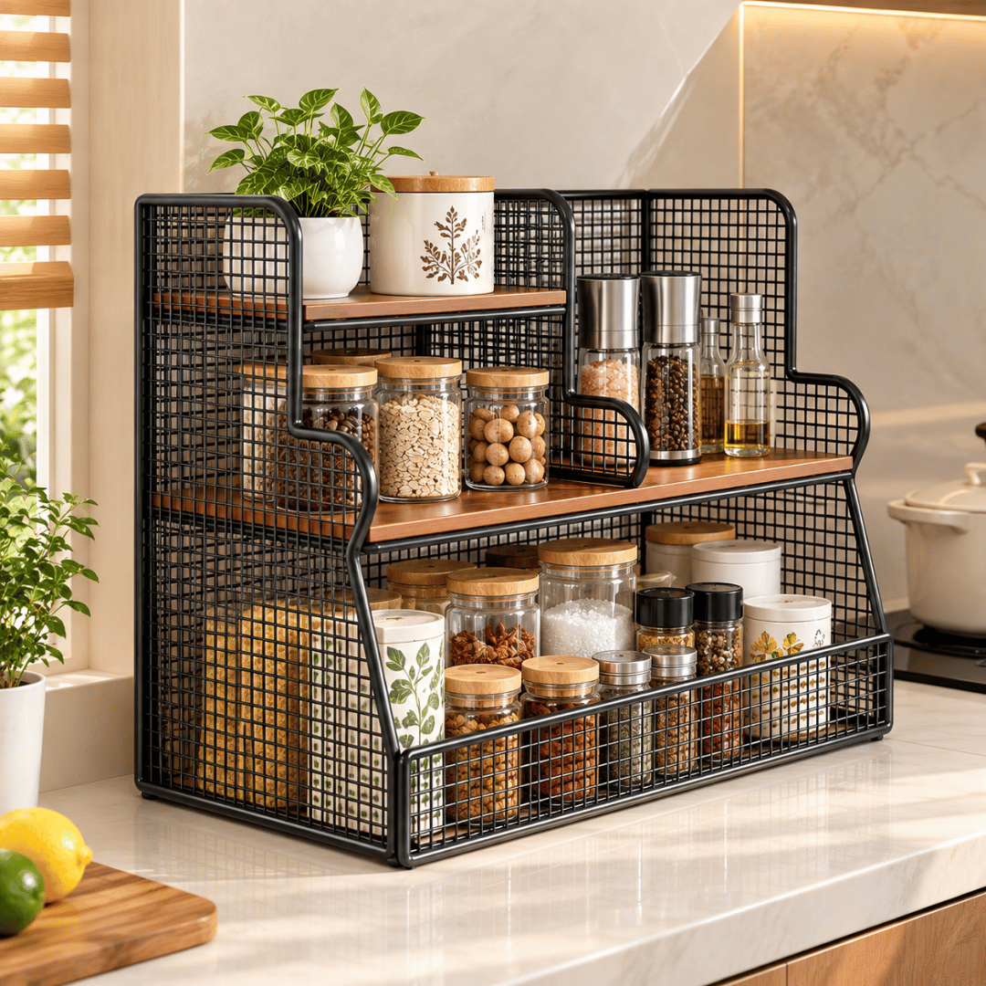 Three Layer Segmented Storage Organizer with Open Shelves