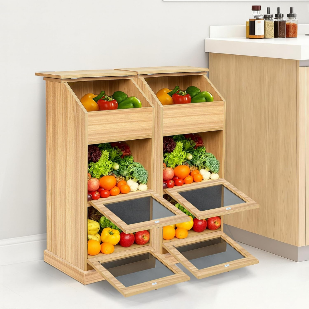 Multi Tier Produce Storage Bin Cabinet with Ventilated Mesh Doors