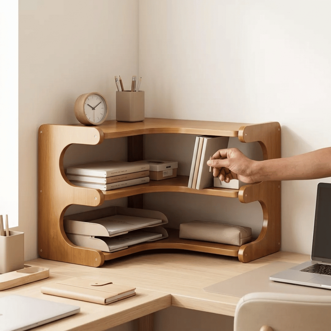 Multi-Purpose Curved Bamboo Desktop Storage Organizer