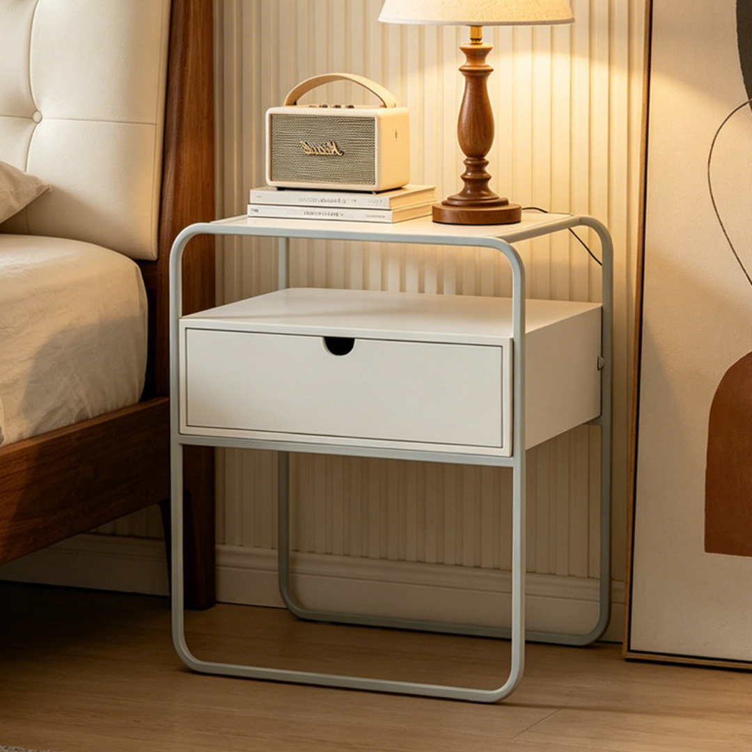 Nordic Style Wooden Side Table with Drawer and Open Shelf