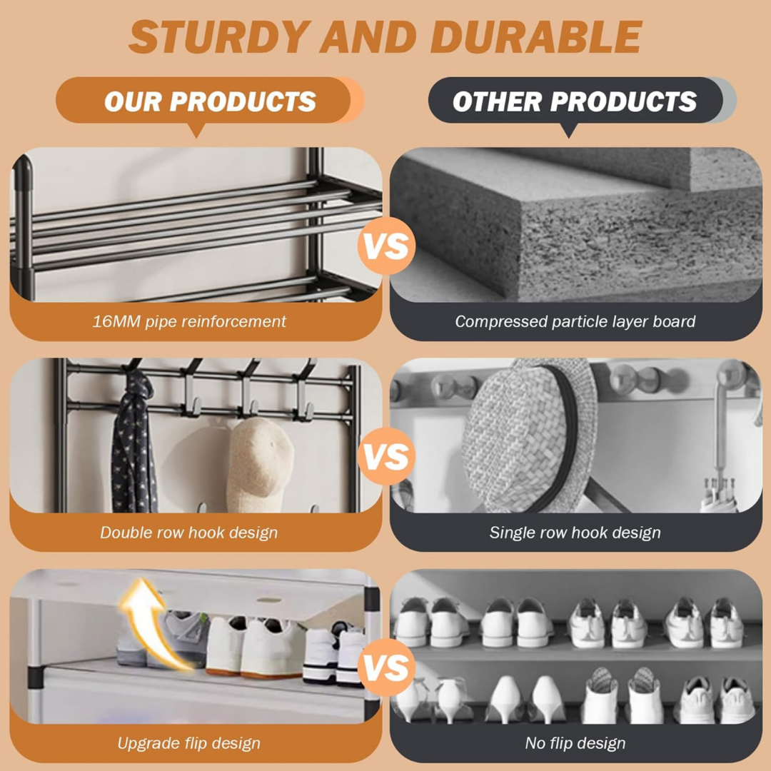 HOMERO 4-Tier Double Row Hooks Coat Rack with Shoe Storage