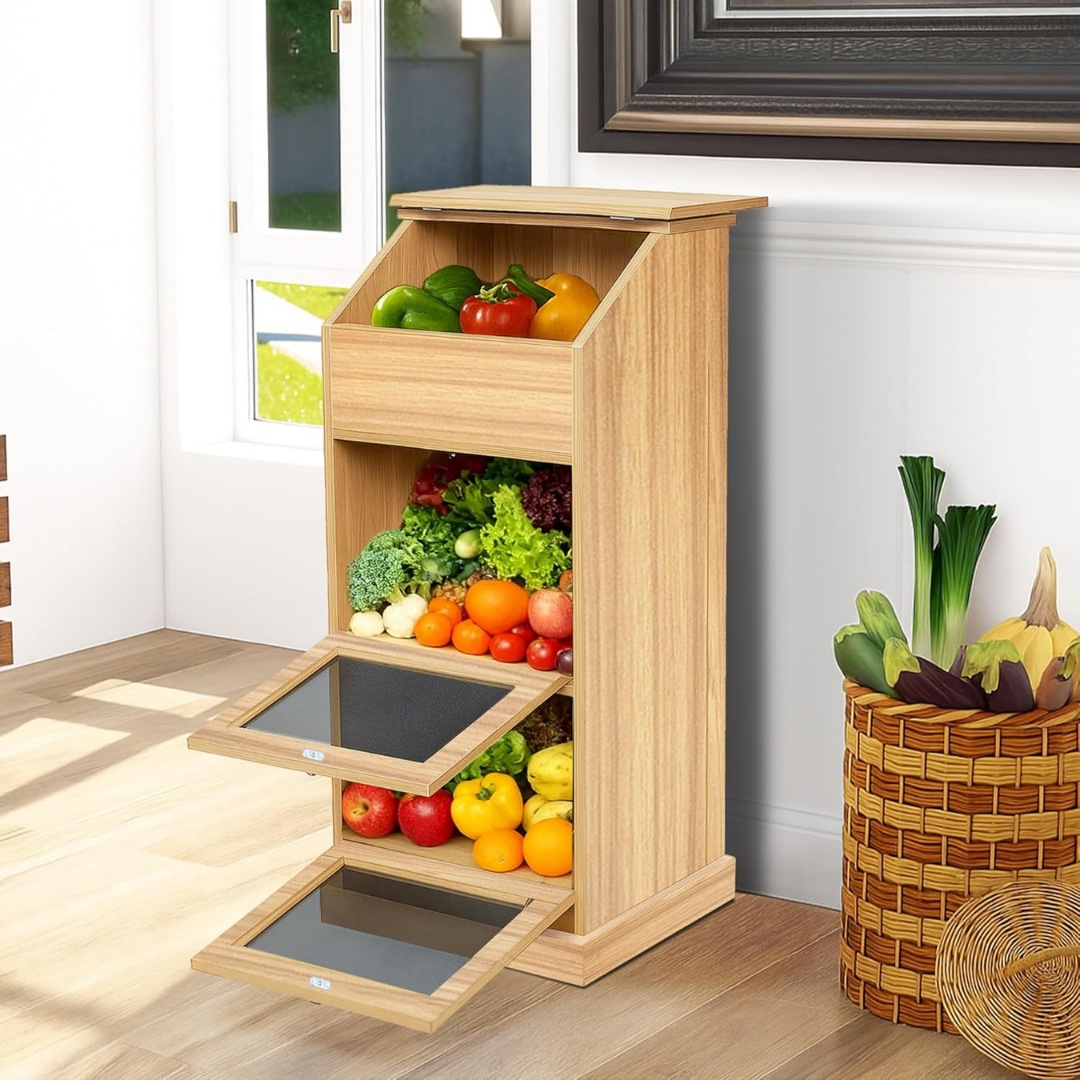 Multi Tier Produce Storage Bin Cabinet with Ventilated Mesh Doors