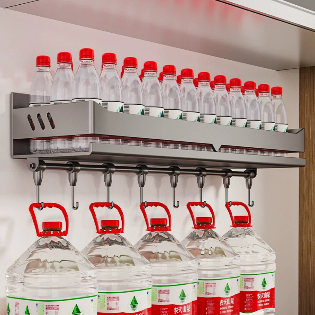 HOMERO Multi-Purpose Stainless Steel Wall Mounted Spice Rack with Hooks - 60cm