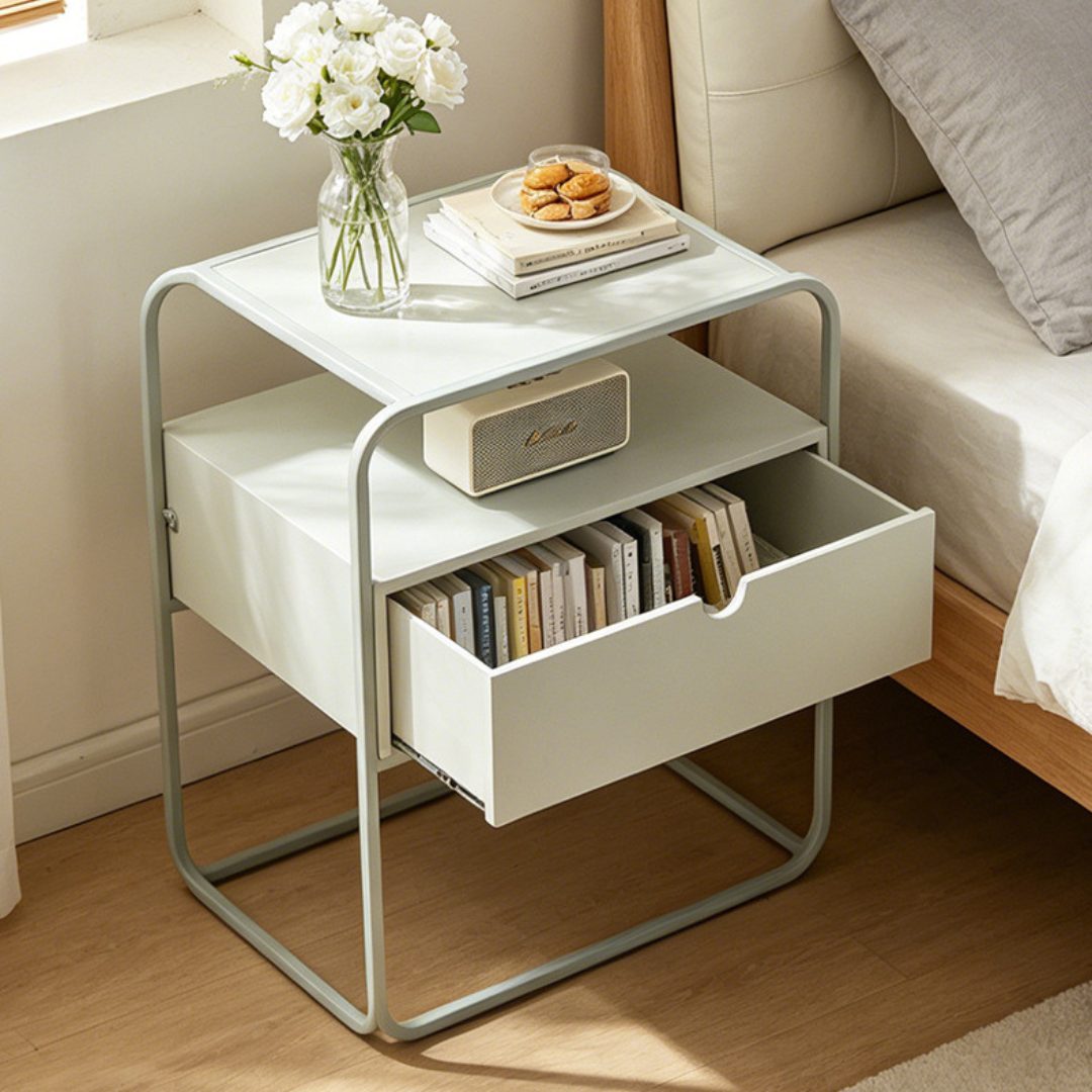 Nordic Style Wooden Side Table with Drawer and Open Shelf