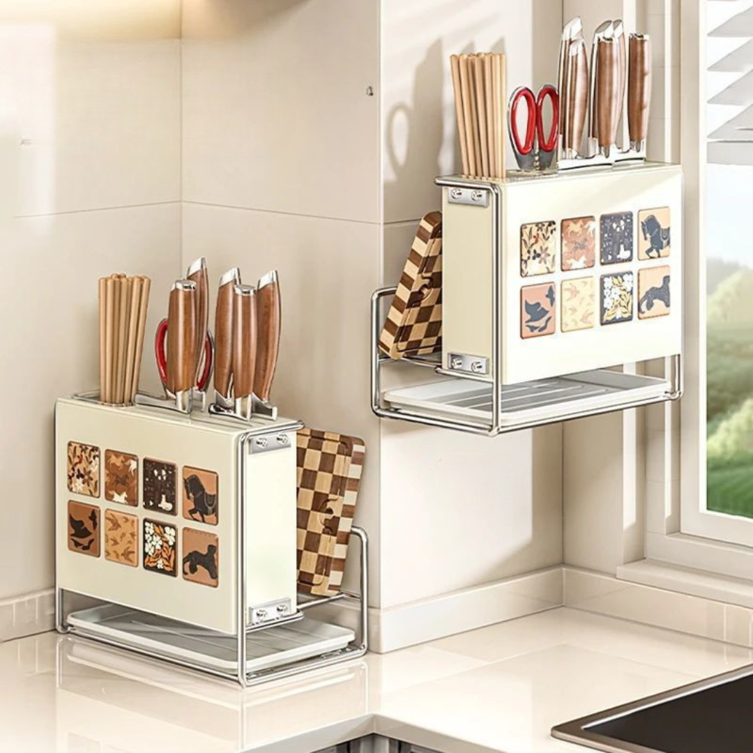 Multifunctional Kitchen Knife Holder Rack with Drip Tray