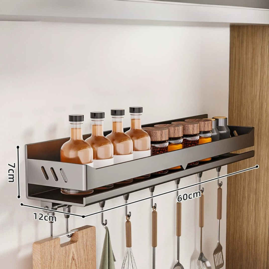 HOMERO Multi-Purpose Stainless Steel Wall Mounted Spice Rack with Hooks - 60cm