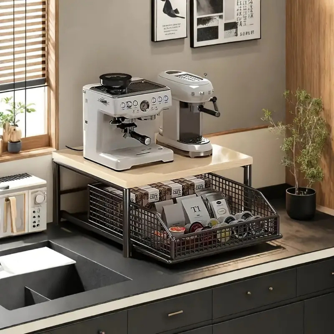 HOMERO Elegant Rolling Kitchen Microwave Cart with Wooden Shelf and Bottom Storage Basket