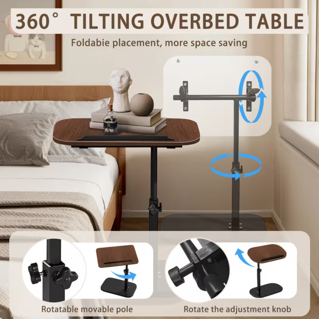 360° Swivel Adjustable C Shape Wooden Top Side Table