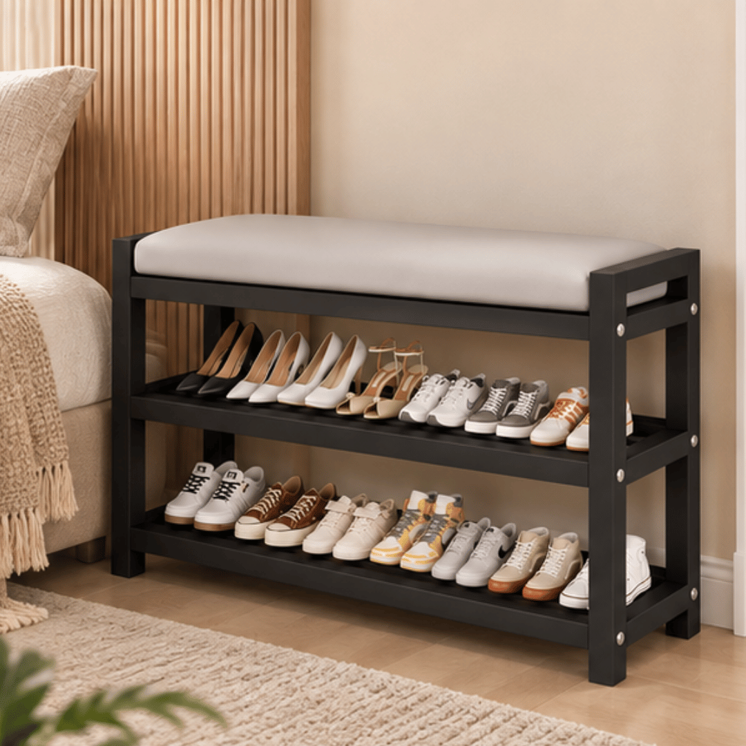 Multifunctional Carbon Steel Shoe Bench Rack with PU Leather Cushion
