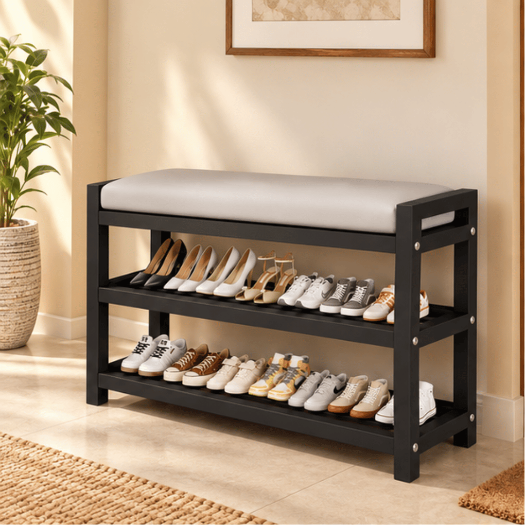 Multifunctional Carbon Steel Shoe Bench Rack with PU Leather Cushion