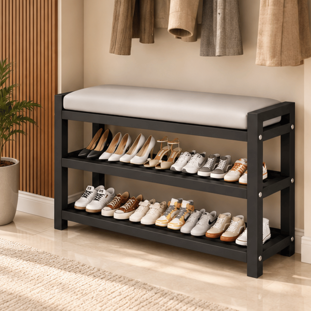 Multifunctional Carbon Steel Shoe Bench Rack with PU Leather Cushion