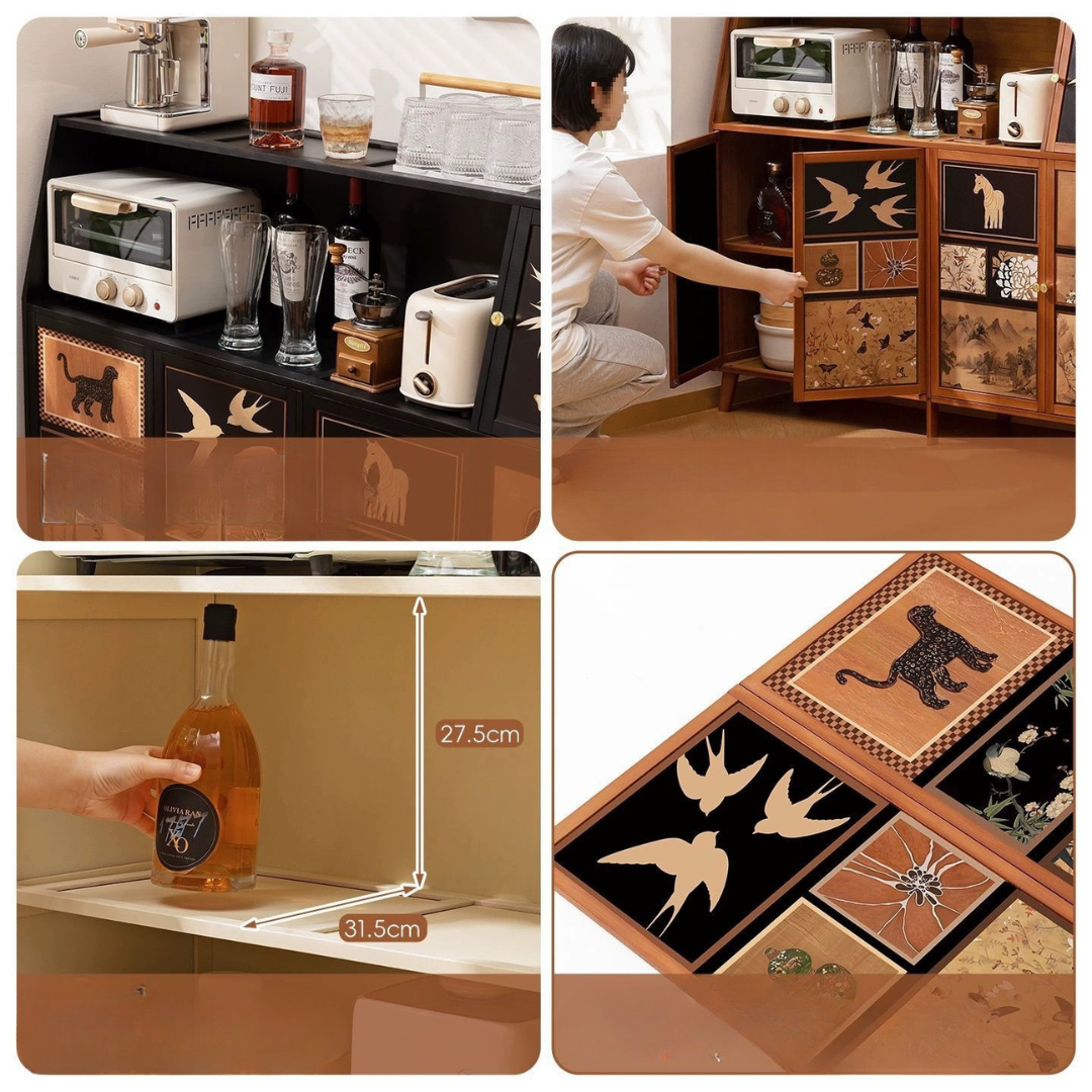 Multi-Purpose Vintage Printed Bamboo Sideboard Cabinet - 100cm Height