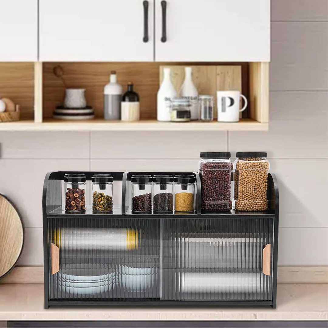 Modern Glass Bamboo Countertop Storage Cabinet with Sliding Doors